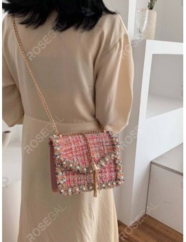 Faux Pearl Embellished Tweed Crossbody Bag