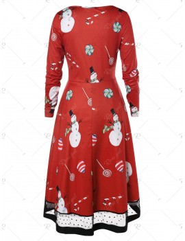 Plus Size Lollipop Snowman Mesh Trim Christmas Dress - 5x