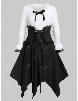 Plus Size Handkerchief Two Tone Dress With Lace Up Corset Belt - 5x