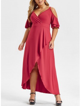 Plus Size Ruffled Sleeve V Neck Asymmetrical Maxi Dress - 1x