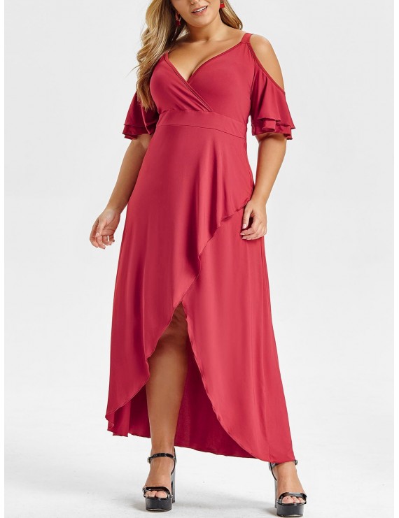 Plus Size Ruffled Sleeve V Neck Asymmetrical Maxi Dress - 1x