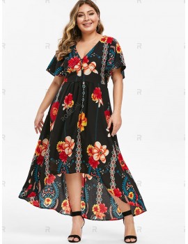 Plus Size Plunge High Low Floral Maxi Dress - 2x