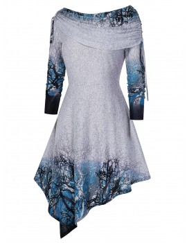 Plus Size Cinched Tree Print Asymmetric Dress - 4x