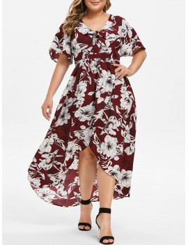 Plus Size Bow Tie High Low Maxi Floral Dress - 2x