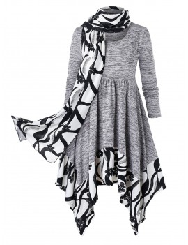 Plus Size Handkerchief Marled Floral Dress With Scarf - 2x