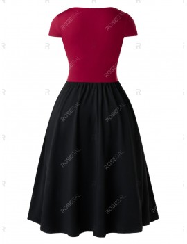 Plus Size Bowknot Two Tone Sweetheart Neck Vintage Dress - 5x