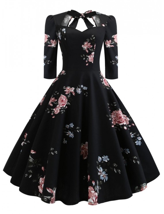Plus Size Back Tie Floral Vintage Flare Dress - 4x