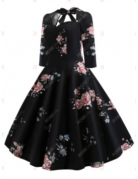 Plus Size Back Tie Floral Vintage Flare Dress - 4x