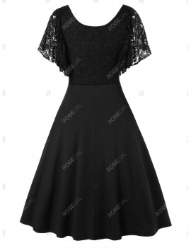 Plus Size Lace Insert High Waist Fit And Flare Vintage Dress - 2x