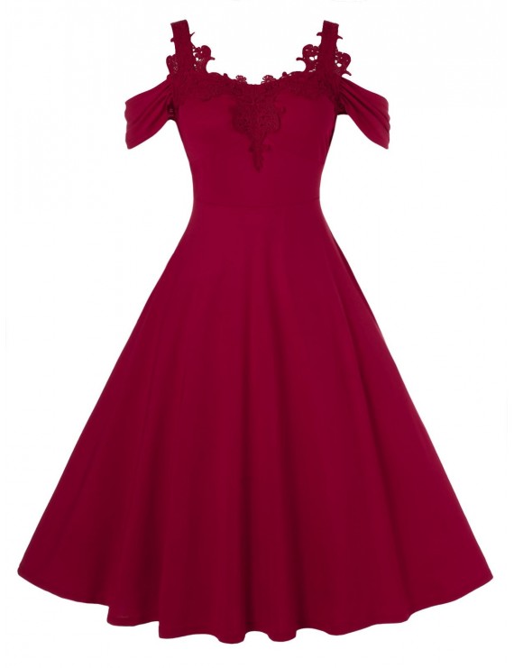 Plus Size Cold Shoulder Vintage A Line Solid Dress - 2x