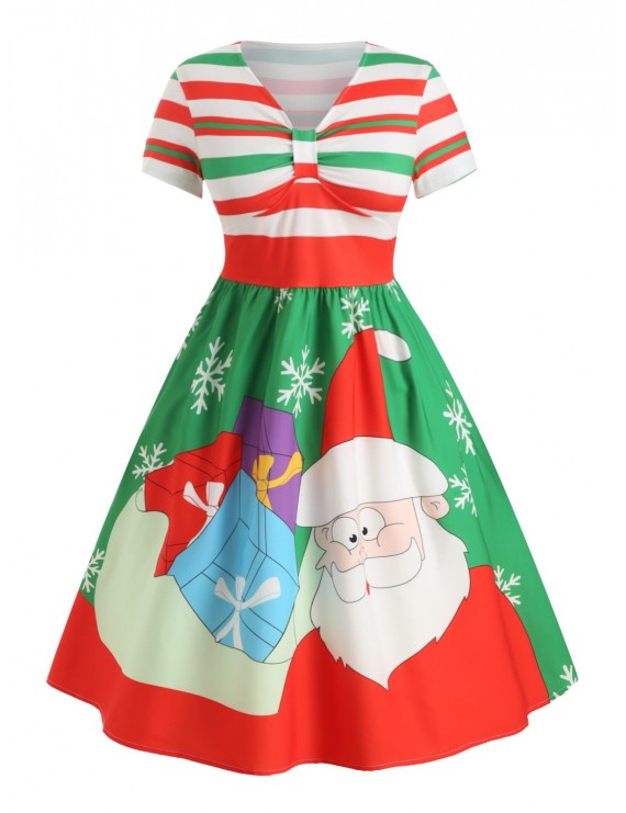 Plus Size Christmas Santa Claus A Line Striped Midi Dress - L