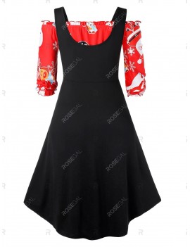 Plus Size Christmas Off Shoulder Printed Dress And Buckle Top Set - L