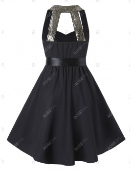 Plus Size A Line Sequined Cut Out Vintage Dress with Belt - 2x