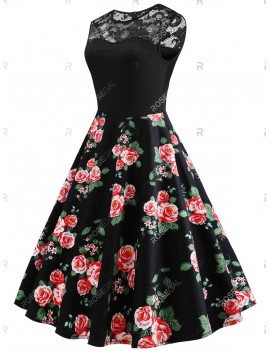 Plus Size Lace Insert Floral Pin Up Dress - 2x