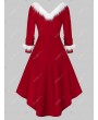 Plus Size Christmas Asymmetrical Faux Fur Panel Knitted Dress - L