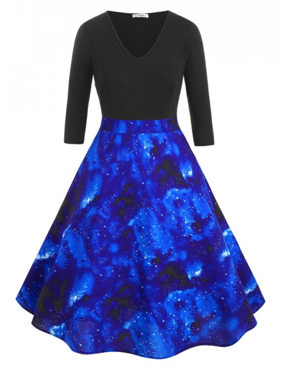 V Neck Sparkle Contrast Galaxy Print Plus Size Dress - 1x