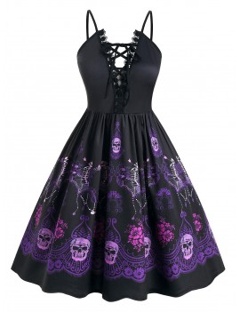 Plus Size Halloween Lace Up Skeleton Floral Vintage Party Dress - 4x