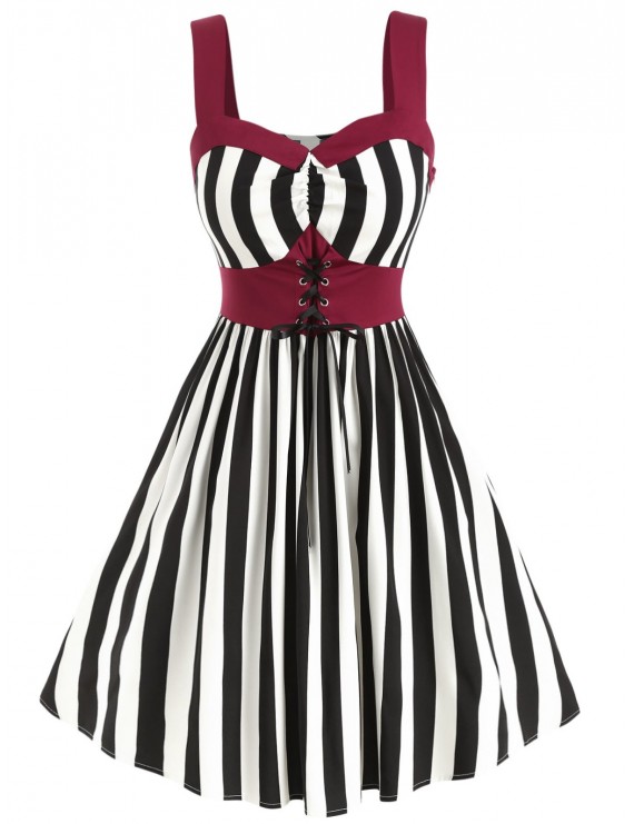Plus Size Lace-up Striped Vintage Dress - 1x