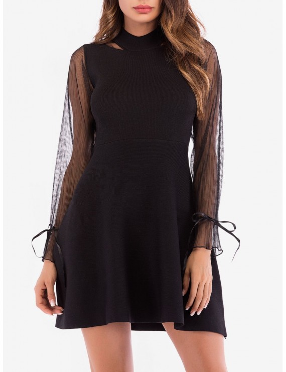 Mock Neck See Thru Sleeves Knitted Dress - Xl