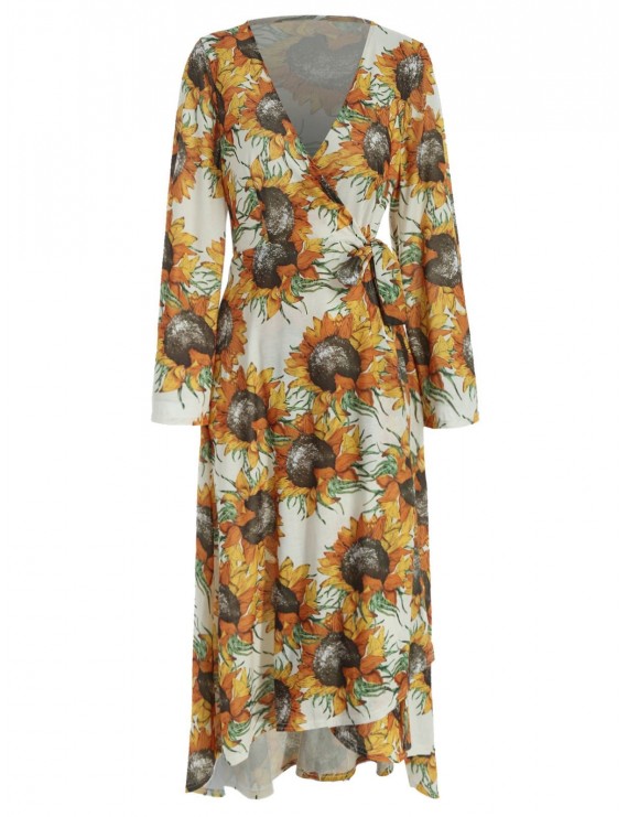 Long Sleeve Sunflower Print Wrap Dress - 2xl