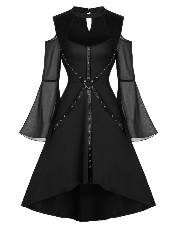 Halloween Bell Sleeve Cut Out Harness Grommet Gothic Dress - 3xl