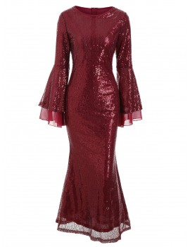 Flare Sleeves Sequined Round Neck Maxi Dress - 3xl