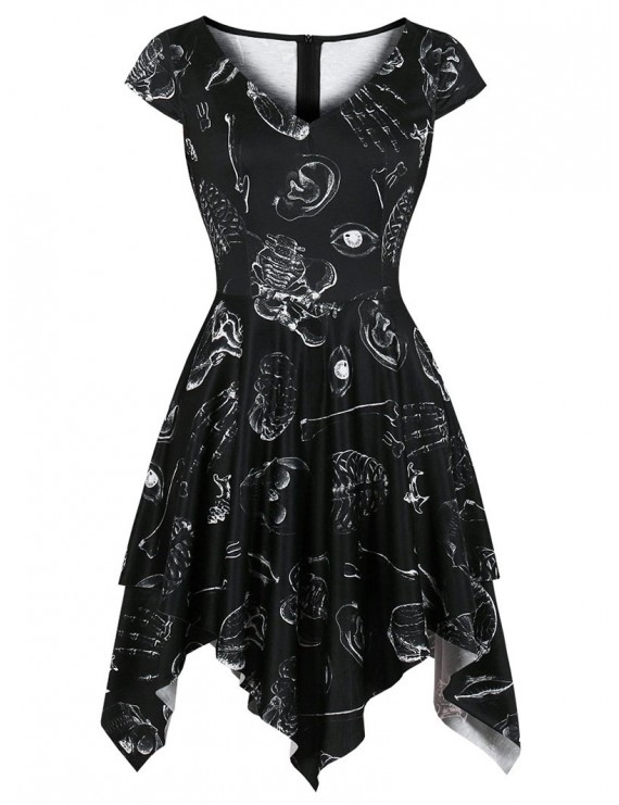Skeleton Print Handkerchief Halloween Dress - 2xl