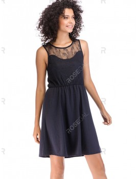 Lace Round Neck Pleated Evening Sleeveless Dress - M