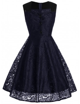 Lace Button Embellished Color Block Dress - M