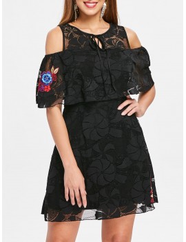 Embroidered Cold Shoulder Lace Dress - L