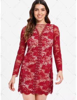 Full Sleeve Criss Cross Lace Bodycon Dress - 2xl