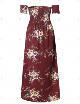 Smocked Off Shoulder Long Flower Print Dress - S