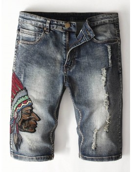 Tribal Embroidery Decoration Jeans Shorts - 34
