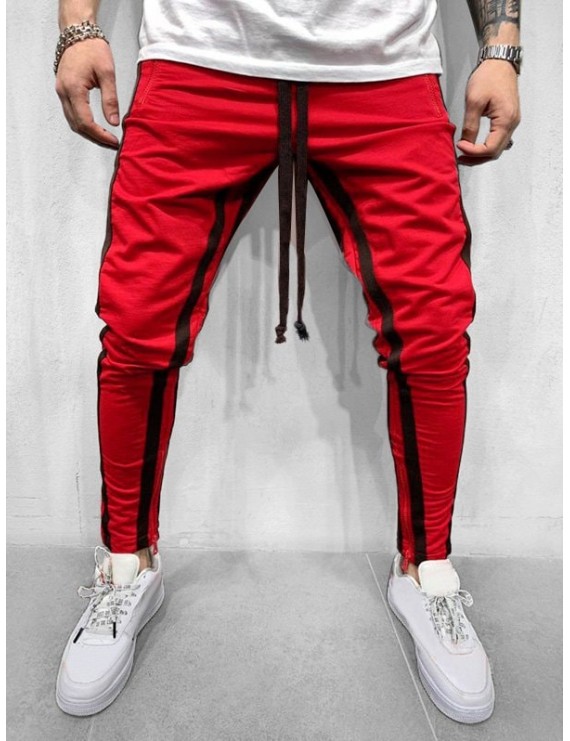 Contrast Stripes Zip-Hem Drawstring Sport Pants - S