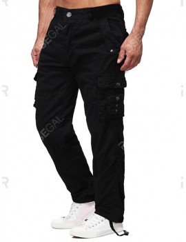 Solid Flap Pocket Long Straight Cargo Pants - 38