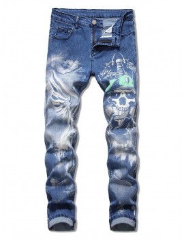 Skull Printed Zip Fly Casual Jeans - 32