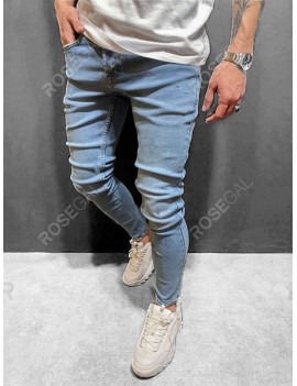 Solid Color Zip Fly Slim Cuffed Jeans - M