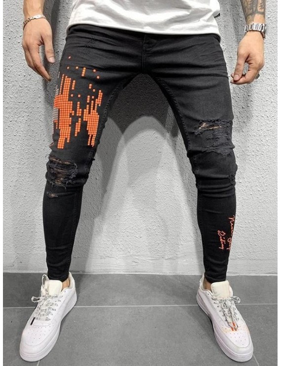 Geometric Printed Ripped Decoration Jeans - 2xl