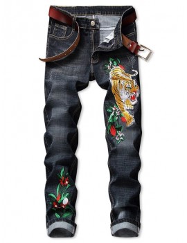 Tiger Flower Pattern Embroidered Zip Fly Jeans - 38