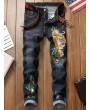Tiger Flower Pattern Embroidered Zip Fly Jeans - 38
