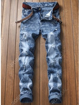 Long Straight Creash Wash Ripped Jeans - 38