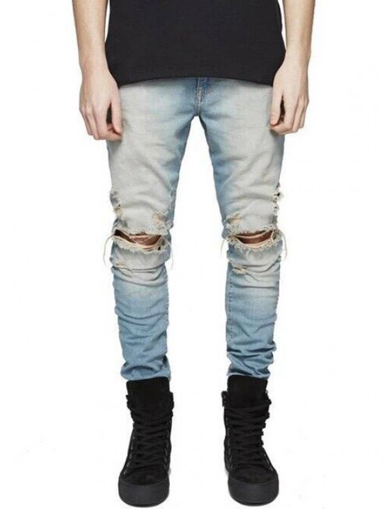 Light Wash Destroyed Zip Fly Jeans - 36