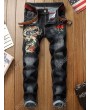 Dragon Flower Pattern Embroidered Zip Fly Jeans - 38