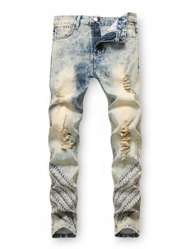 Embroidery Decoration Zip Fly Ripped Jeans - 38