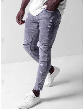 Ripped Zipper Decoration Bleached Jeans - M