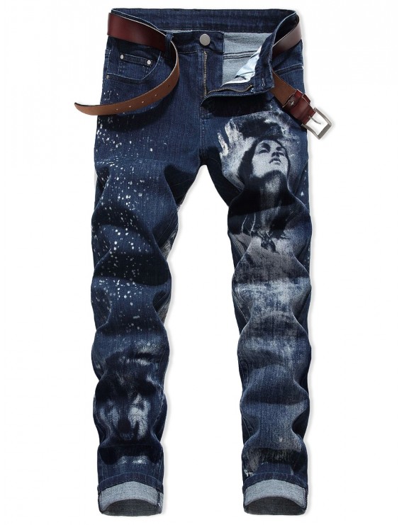 Character Wolf Print Casual Jeans - 40