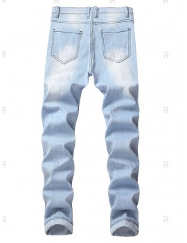 Pleated Patchwork Faded Wash Stitching Long Ripped Jeans - 42