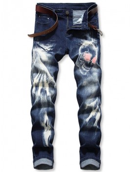 Skull Print Zip Fly Casual Jeans - 36